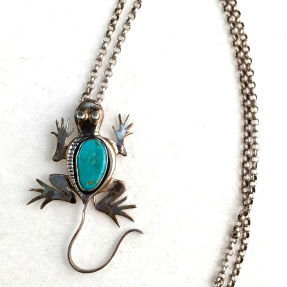 Signed Ben Ration Lizard Gecko Turquoise Sterling Silver Necklace - Picture 2 of 7